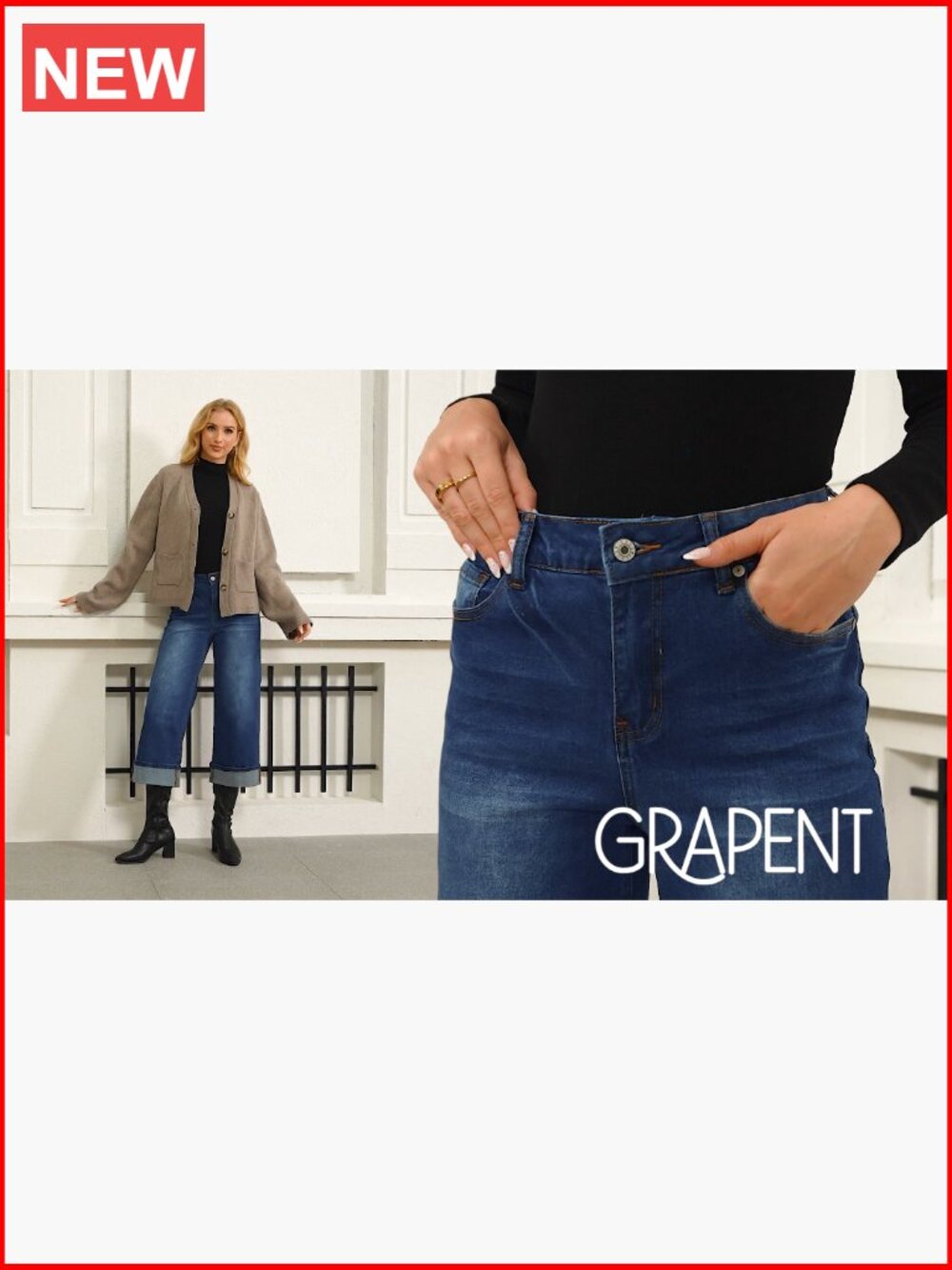 Wide Leg High Waisted Stretchy Denim Crop Pants with Pockets - Picture 7 of 7